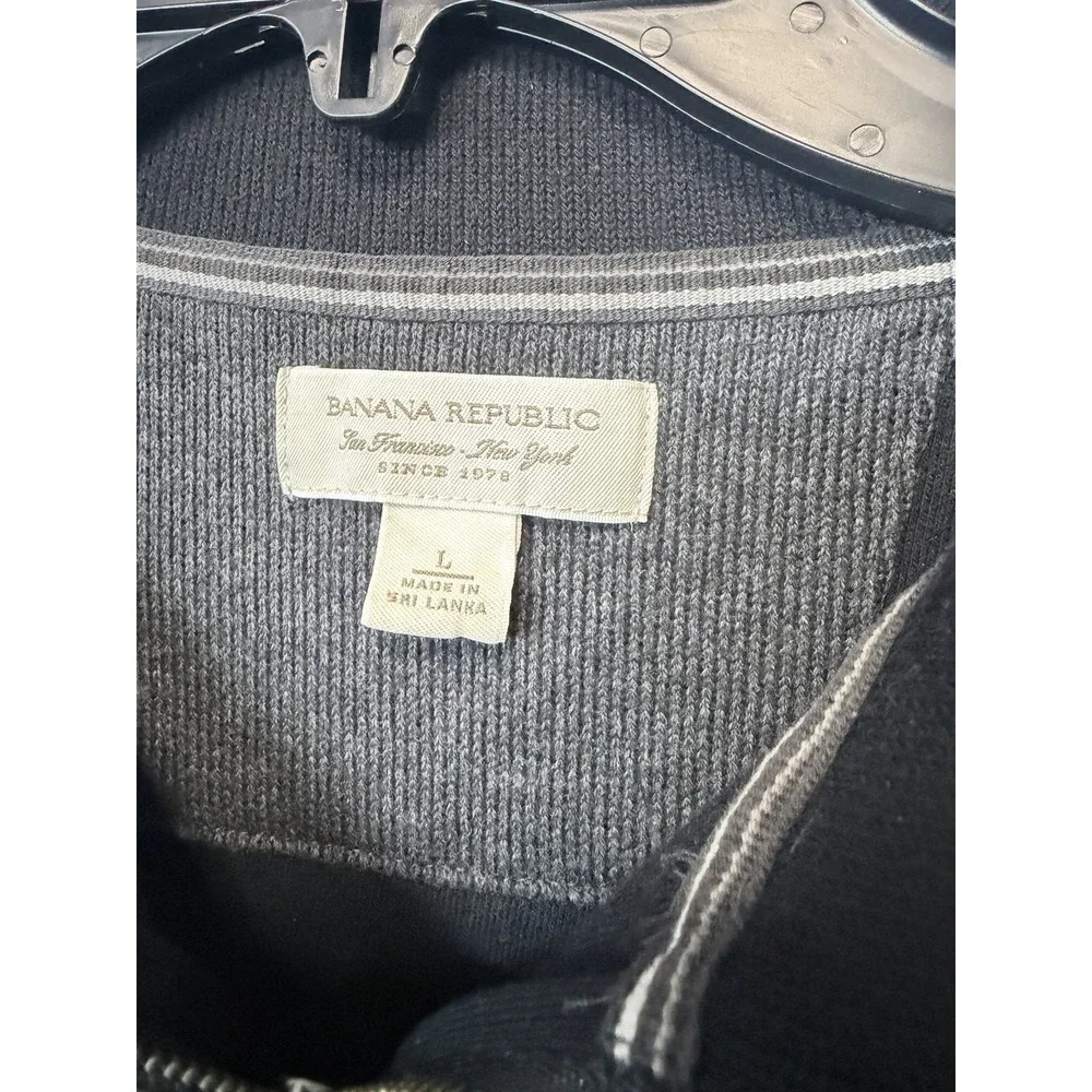 Banana Republic Sweater Large Black Gray Stripe 1/4 Zip Cotton Blend